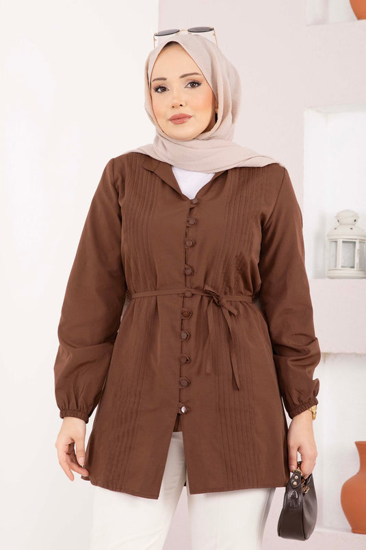 Overhemd met nervuurrand en koordsluiting, koffiebruin