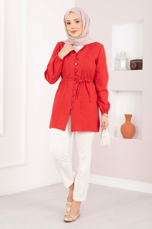 Overhemd met nervuurrand en koord, rood