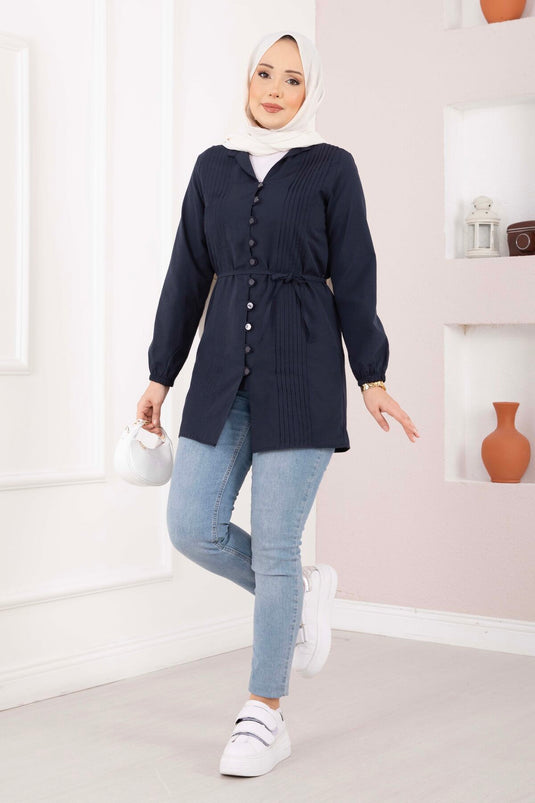 Overhemd met nervuurrand en koordje, donkerblauw