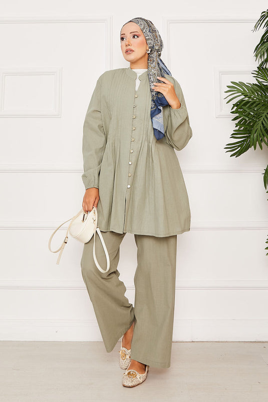 Nervür Detaylı Brit Düğmeli İkili Takım Çağla Yeşili