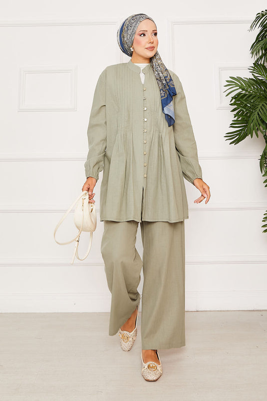 Nervür Detaylı Brit Düğmeli İkili Takım Çağla Yeşili