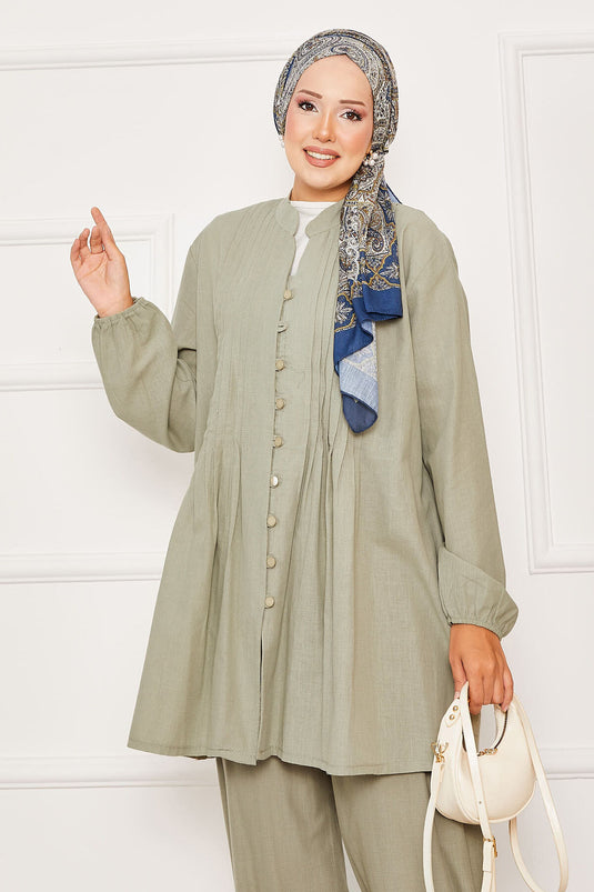 Nervür Detaylı Brit Düğmeli İkili Takım Çağla Yeşili