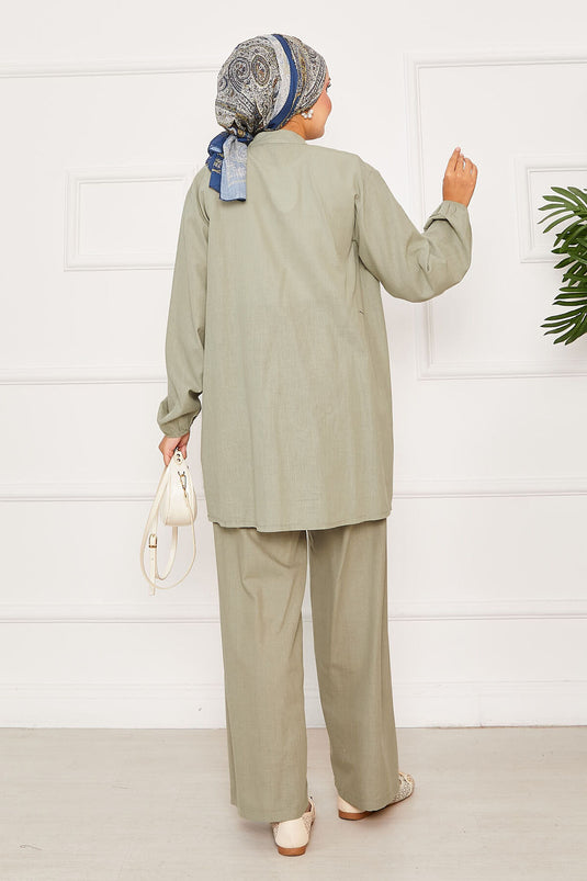 Nervür Detaylı Brit Düğmeli İkili Takım Çağla Yeşili