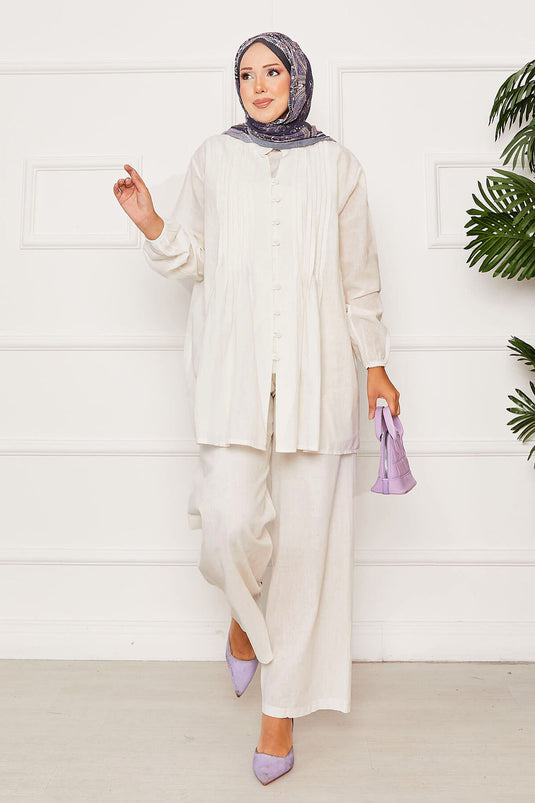 Nervür Detaylı Brit Düğmeli İkili Takım Ekru