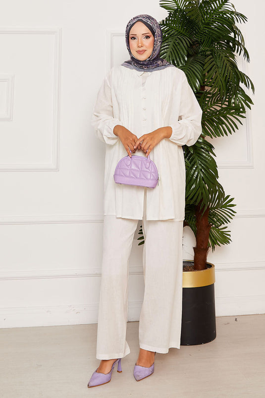 Nervür Detaylı Brit Düğmeli İkili Takım Ekru