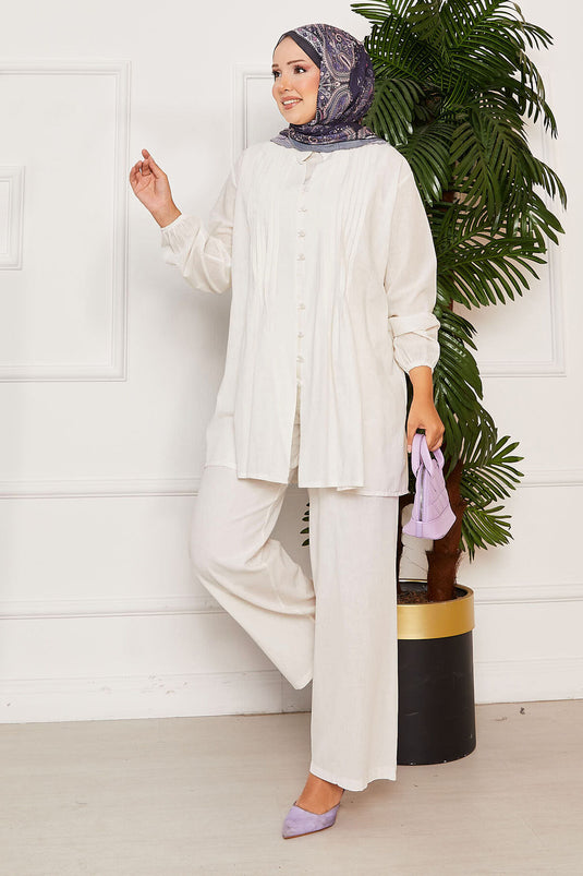 Nervür Detaylı Brit Düğmeli İkili Takım Ekru