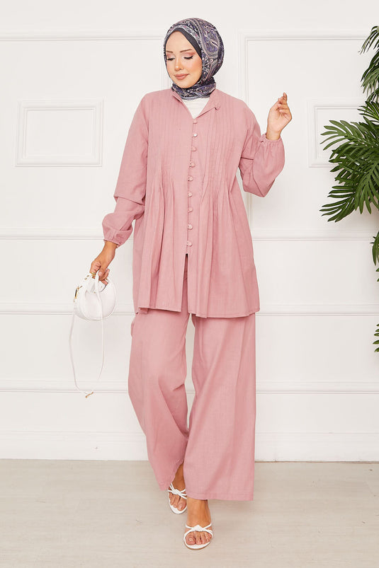 Nervür Detaylı Brit Düğmeli İkili Takım Gülkurusu