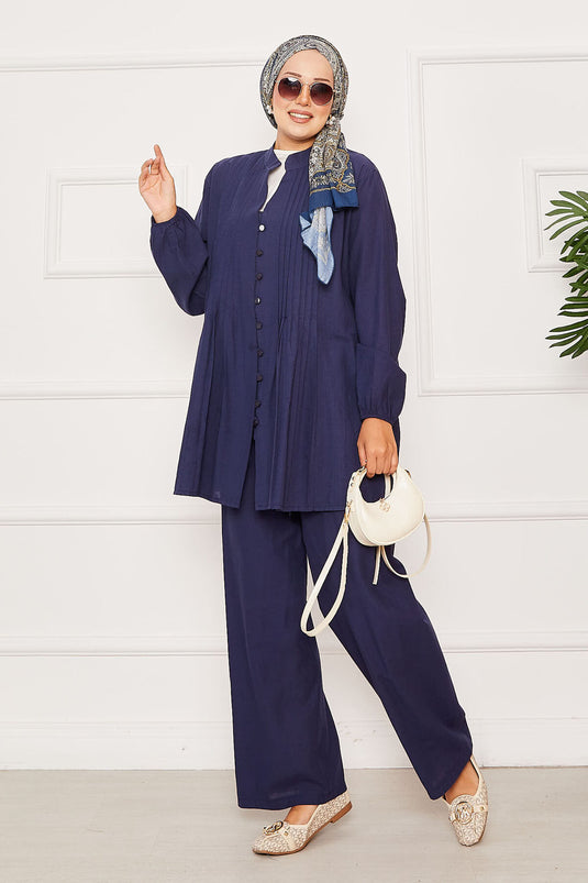 Nervür Detaylı Brit Düğmeli İkili Takım Lacivert