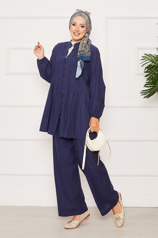 Nervür Detaylı Brit Düğmeli İkili Takım Lacivert