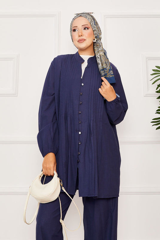 Nervür Detaylı Brit Düğmeli İkili Takım Lacivert