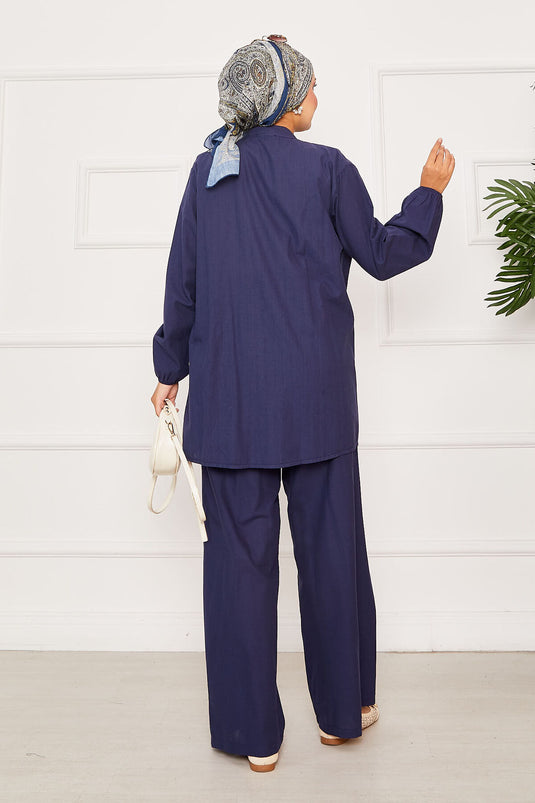 Nervür Detaylı Brit Düğmeli İkili Takım Lacivert