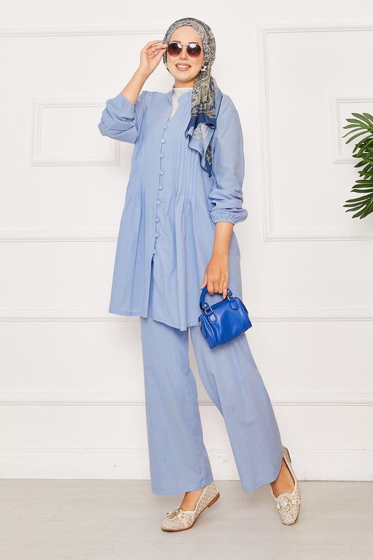 Nervür Detaylı Brit Düğmeli İkili Takım Mavi