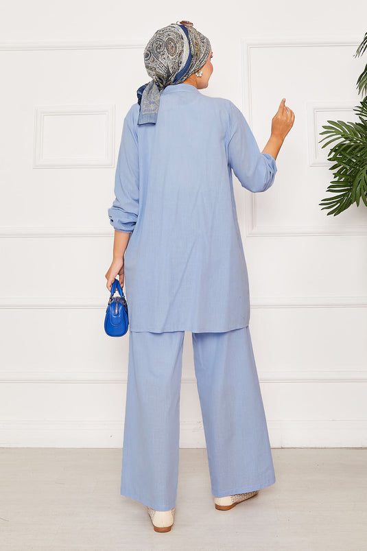 Nervür Detaylı Brit Düğmeli İkili Takım Mavi