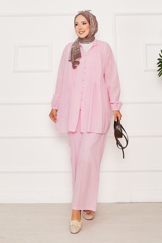 Nervür Detaylı Brit Düğmeli İkili Takım Pembe