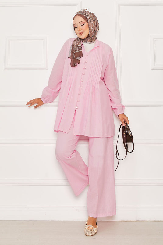 Nervür Detaylı Brit Düğmeli İkili Takım Pembe