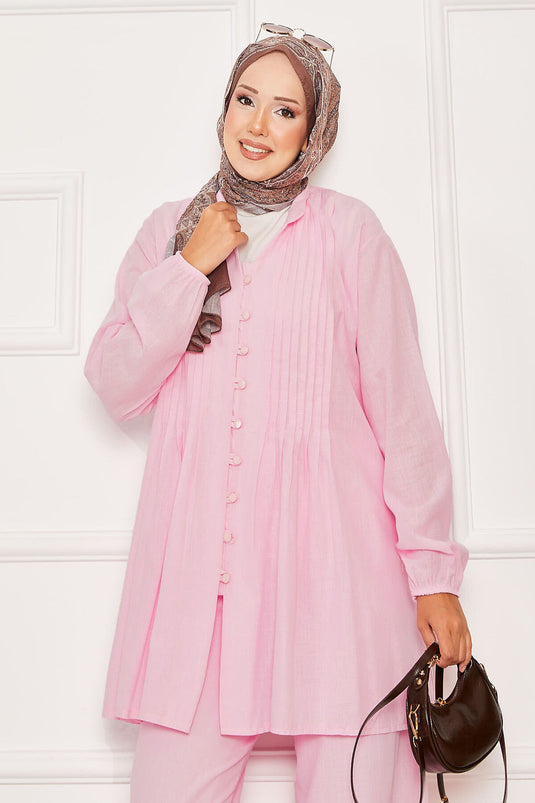 Nervür Detaylı Brit Düğmeli İkili Takım Pembe