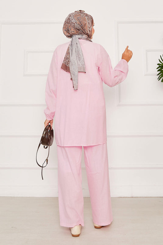 Nervür Detaylı Brit Düğmeli İkili Takım Pembe