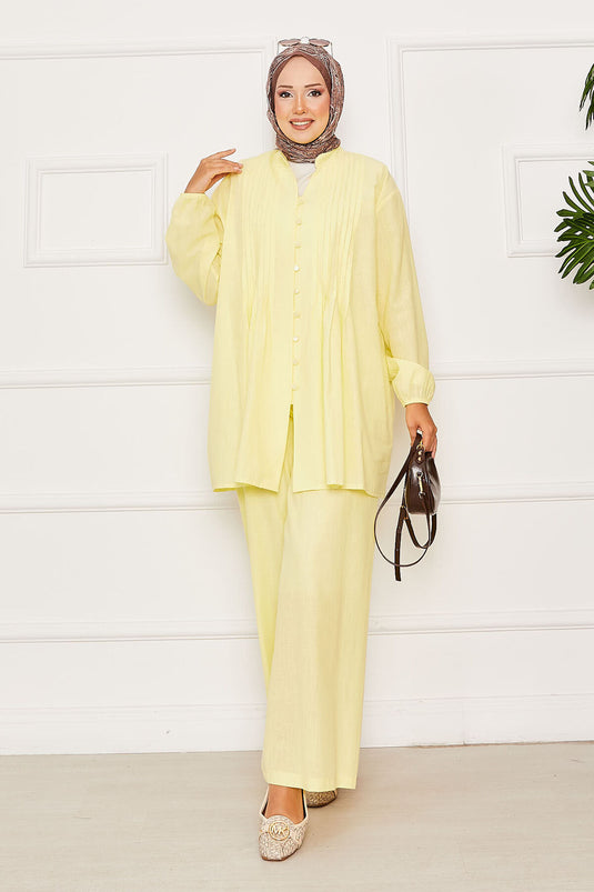 Nervür Detaylı Brit Düğmeli İkili Takım Sarı
