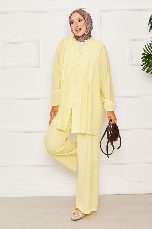 Nervür Detaylı Brit Düğmeli İkili Takım Sarı