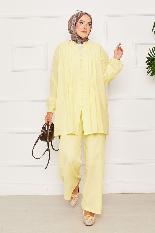 Nervür Detaylı Brit Düğmeli İkili Takım Sarı
