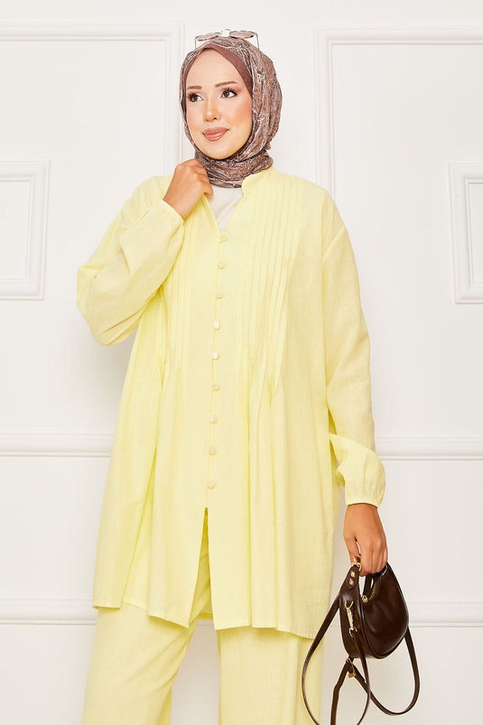 Nervür Detaylı Brit Düğmeli İkili Takım Sarı