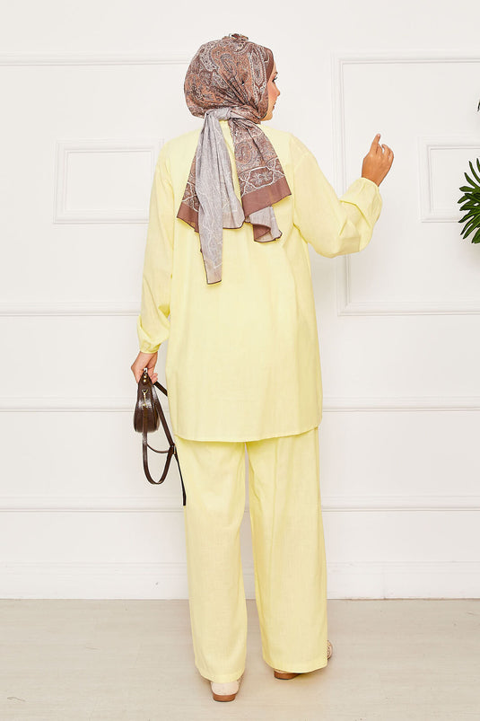 Nervür Detaylı Brit Düğmeli İkili Takım Sarı