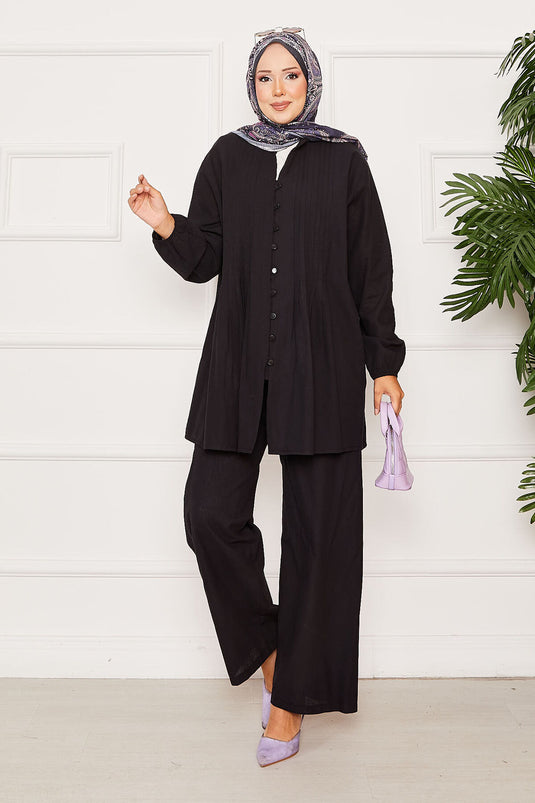 Nervür Detaylı Brit Düğmeli İkili Takım Siyah
