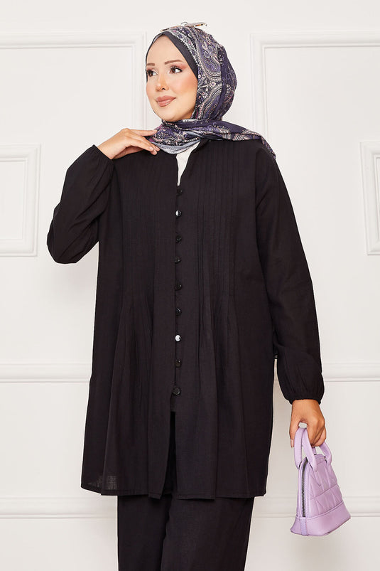 Nervür Detaylı Brit Düğmeli İkili Takım Siyah