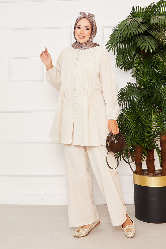 Nervür Detaylı Brit Düğmeli İkili Takım Taş