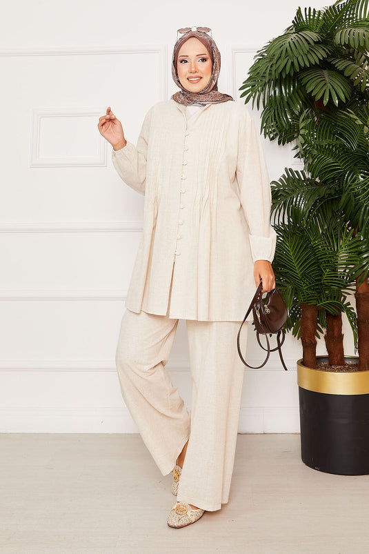 Nervür Detaylı Brit Düğmeli İkili Takım Taş