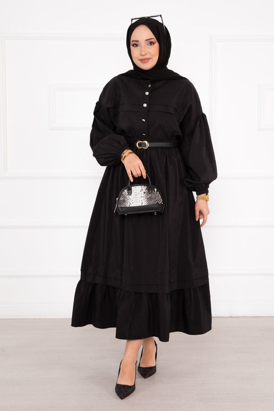 Ribbed Detailed Skirted Modest Set Black