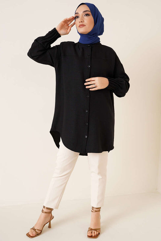 Nervür Detaylı Salaş Gömlek Siyah
