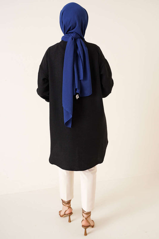 قميص كاجوال بتفاصيل ضلع باللون الأسود