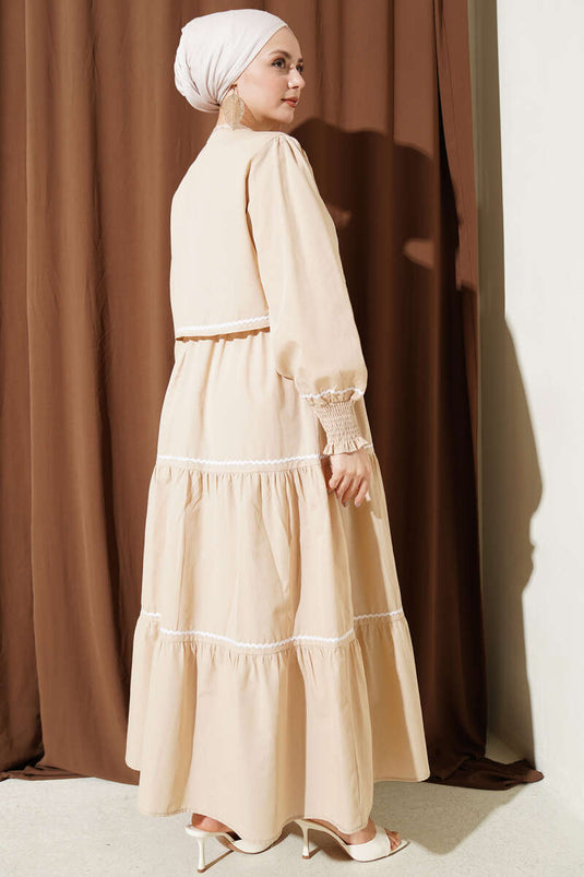Ribbed Stitch Detail Dress Set Beige