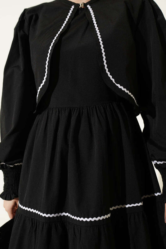 Nervuur stiksel detail jurk set zwart