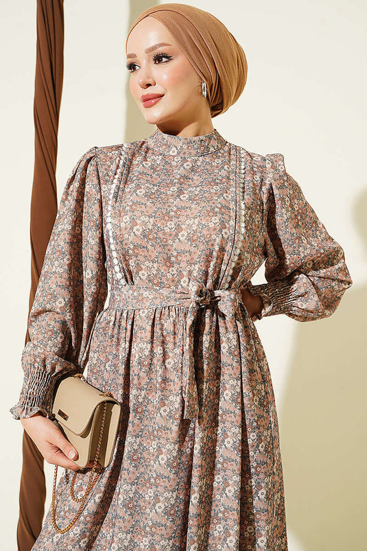 Besticktes Musterkleid In Latte
