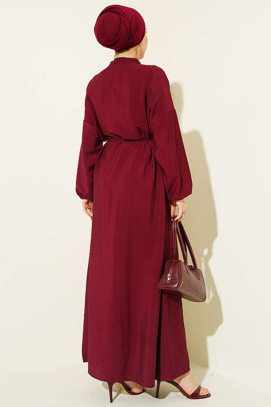 Ribbed Half-Brit Buttoned Dress Burgundy