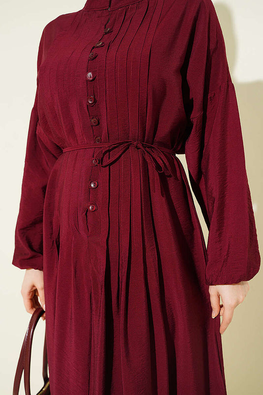 Ribbed Half-Brit Buttoned Dress Burgundy
