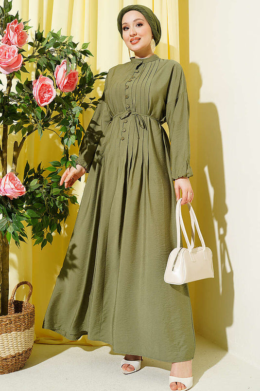 Geripptes Halb-Brit-Knopfkleid in Khaki