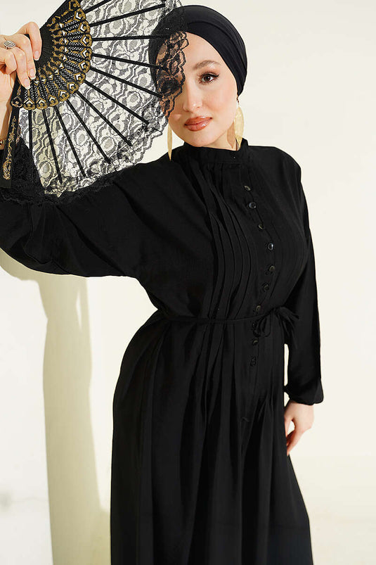 Geripptes Halb-Brit-Knopfkleid Schwarz