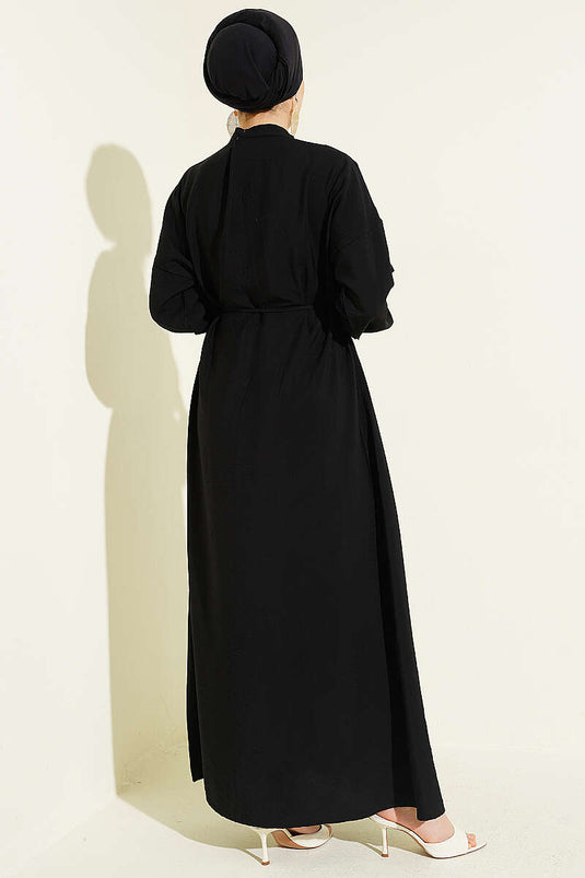 Geripptes Halb-Brit-Knopfkleid Schwarz