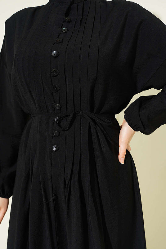 Geripptes Halb-Brit-Knopfkleid Schwarz