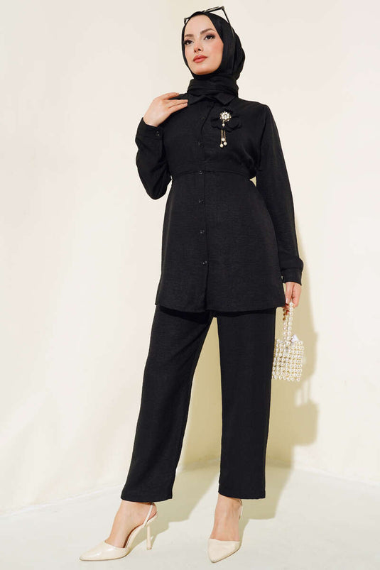 Black Linen Two-Piece Set with a Beautiful Belt