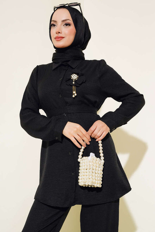 Black Linen Two-Piece Set with a Beautiful Belt