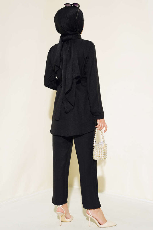 Black Linen Two-Piece Set with a Beautiful Belt