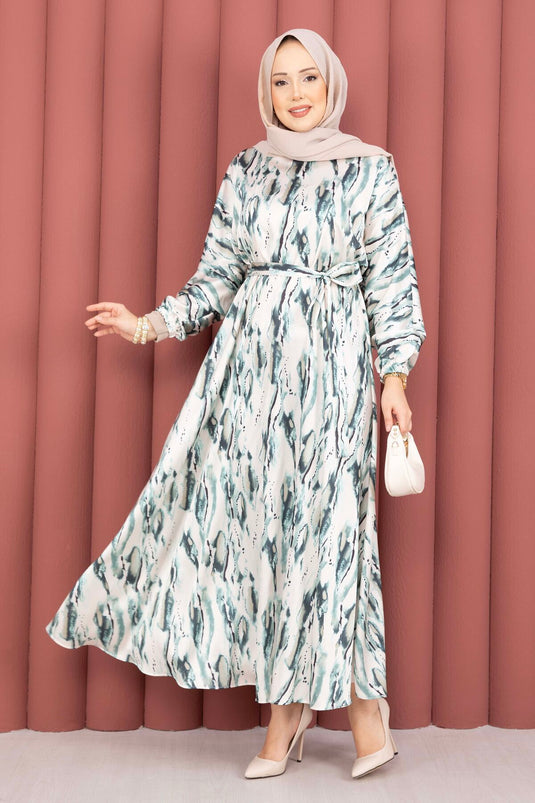 Neva White Dress with Gathered Waistband Emerald