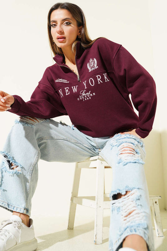 New York Fermuarlı Üç İplik Sweat Mürdüm