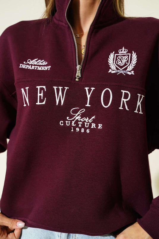 New York Fermuarlı Üç İplik Sweat Mürdüm