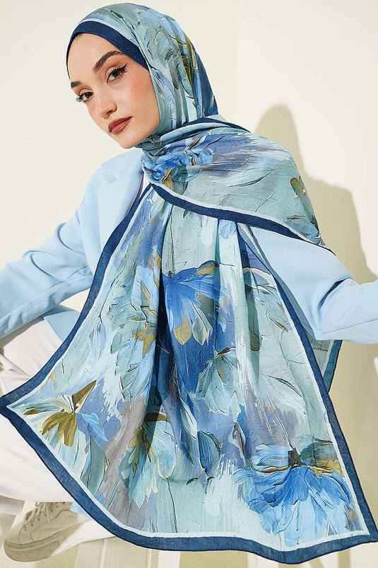 Sciarpa In Bambù Con Motivo Nilüfer Blu Navy E Verde