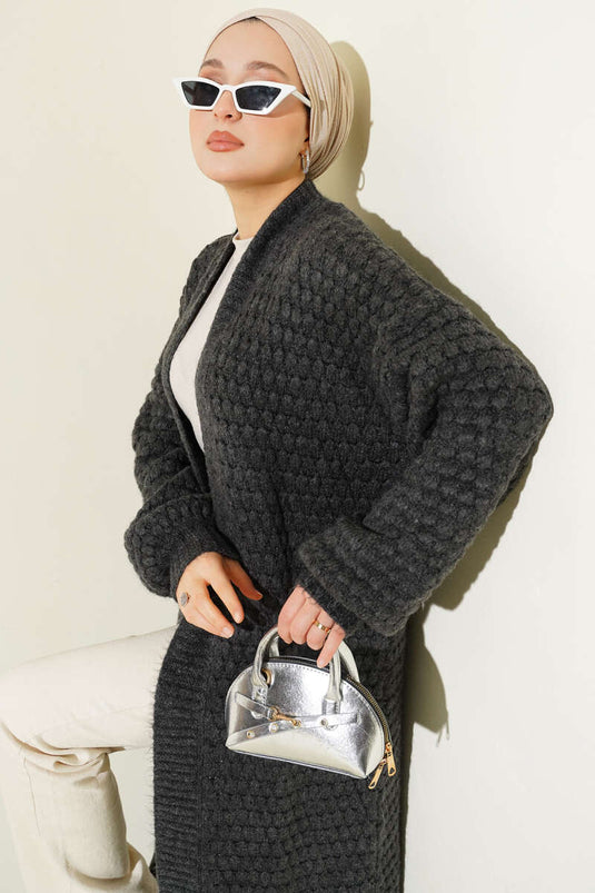 Chickpea Pattern Long Knitted Cardigan Smoked